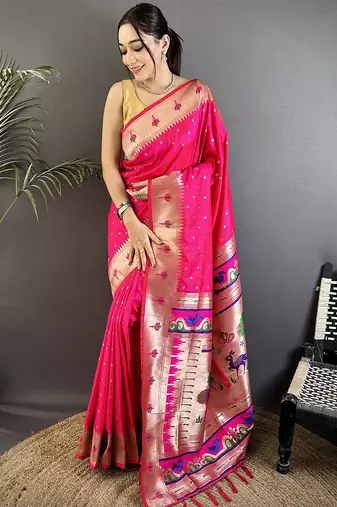 rani pink soft lichi silk blend peacock & floral motifs jacquard kanchipuram saree