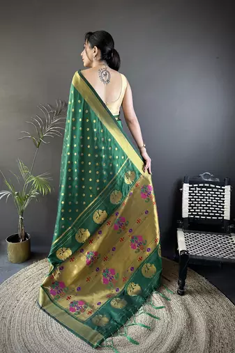 green lichi silk blend peacock & floral motis zari weaving paithani saree