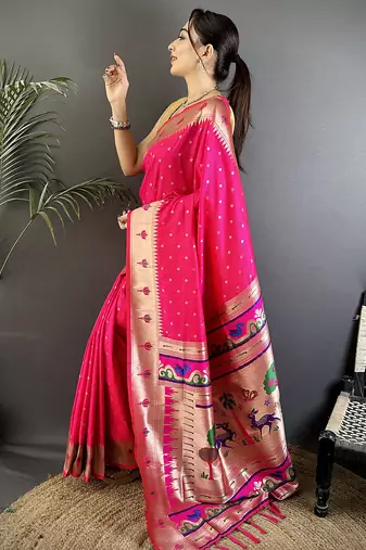 rani pink soft lichi silk blend peacock & floral motifs jacquard kanchipuram saree