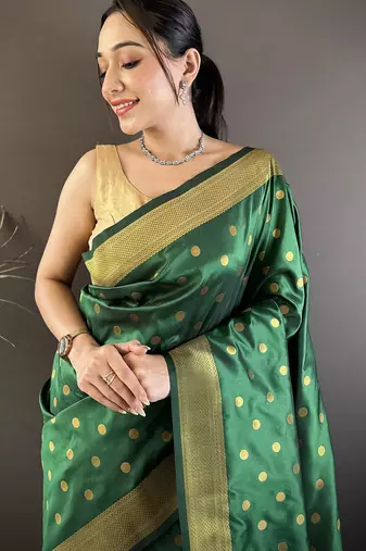 green lichi silk blend peacock & floral motis zari weaving paithani saree