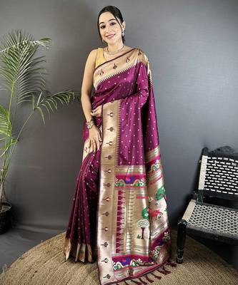 wine soft lichi silk blend peacock & floral motifs jacquard kanchipuram saree 1