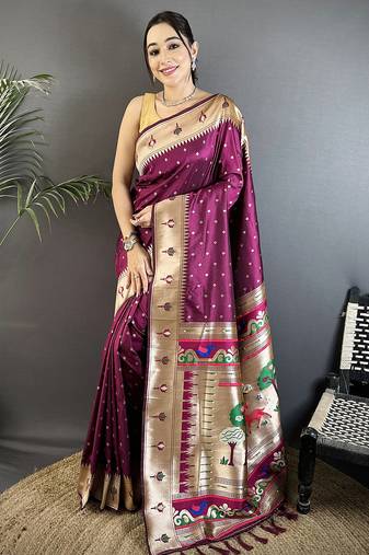 wine soft lichi silk blend peacock & floral motifs jacquard kanchipuram saree