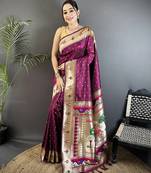wine soft lichi silk blend peacock & floral motifs jacquard kanchipuram saree