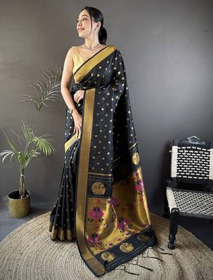 black lichi silk blend peacock & floral motis zari weaving paithani saree 1