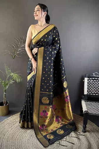 black lichi silk blend peacock & floral motis zari weaving paithani saree