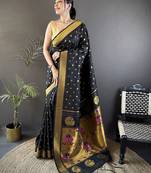 black lichi silk blend peacock & floral motis zari weaving paithani saree