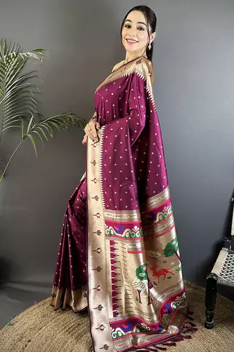 wine soft lichi silk blend peacock & floral motifs jacquard kanchipuram saree