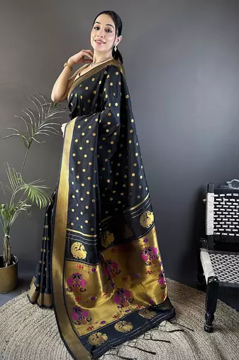 black lichi silk blend peacock & floral motis zari weaving paithani saree