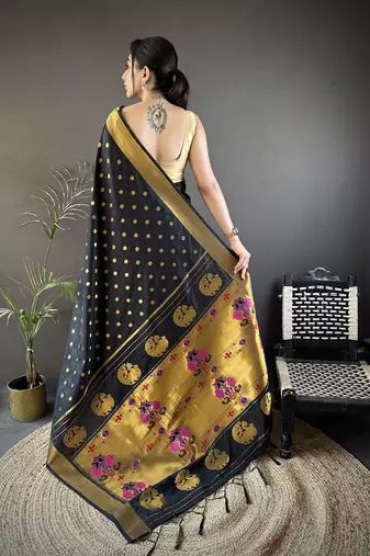black lichi silk blend peacock & floral motis zari weaving paithani saree