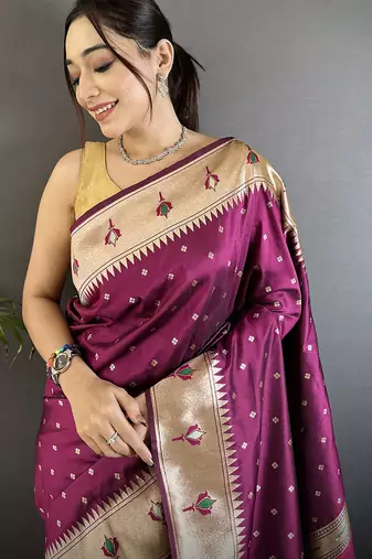 wine soft lichi silk blend peacock & floral motifs jacquard kanchipuram saree