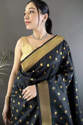 black lichi silk blend peacock & floral motis zari weaving paithani saree