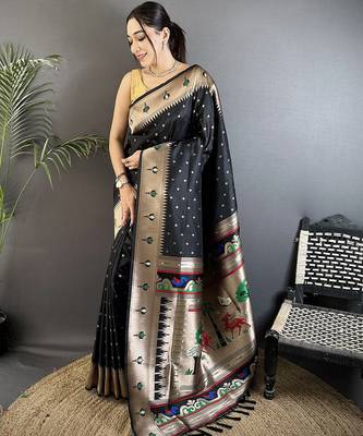 black soft lichi silk blend peacock & floral motifs jacquard kanchipuram saree 1
