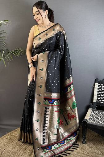 black soft lichi silk blend peacock & floral motifs jacquard kanchipuram saree