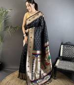 black soft lichi silk blend peacock & floral motifs jacquard kanchipuram saree