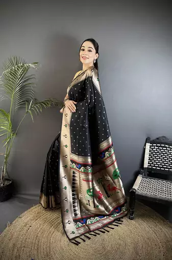 black soft lichi silk blend peacock & floral motifs jacquard kanchipuram saree