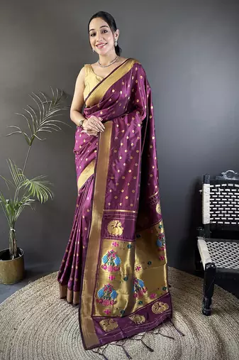 wine lichi silk blend peacock & floral motis zari weaving paithani saree