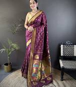 wine lichi silk blend peacock & floral motis zari weaving paithani saree