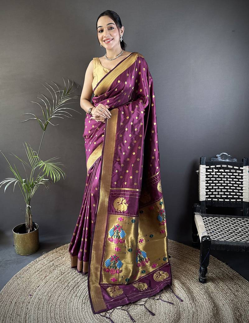 wine lichi silk blend peacock & floral motis zari weaving paithani saree