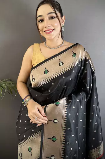 black soft lichi silk blend peacock & floral motifs jacquard kanchipuram saree