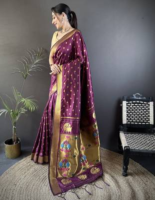 wine lichi silk blend peacock & floral motis zari weaving paithani saree 2