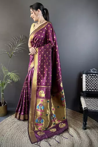 wine lichi silk blend peacock & floral motis zari weaving paithani saree