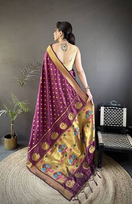 wine lichi silk blend peacock & floral motis zari weaving paithani saree 3