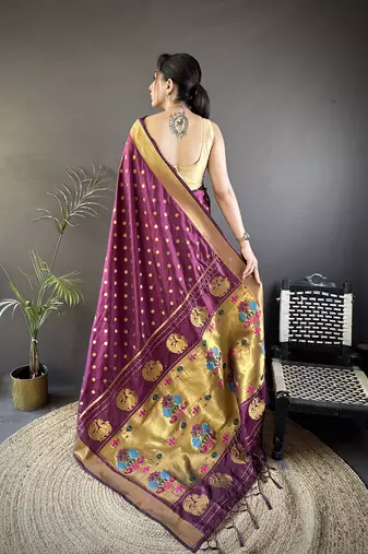 wine lichi silk blend peacock & floral motis zari weaving paithani saree