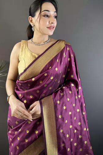 wine lichi silk blend peacock & floral motis zari weaving paithani saree