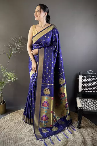 royal blue lichi silk blend peacock & floral motis zari weaving paithani saree