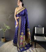 royal blue lichi silk blend peacock & floral motis zari weaving paithani saree