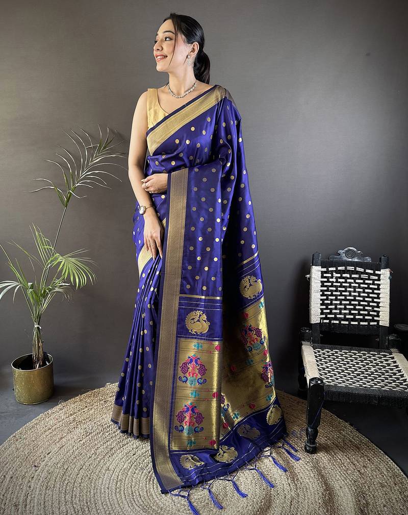 royal blue lichi silk blend peacock & floral motis zari weaving paithani saree