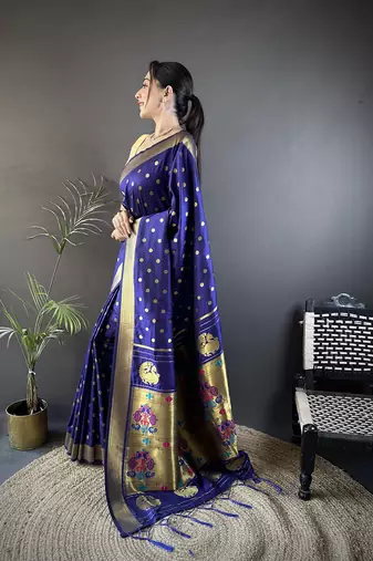 royal blue lichi silk blend peacock & floral motis zari weaving paithani saree