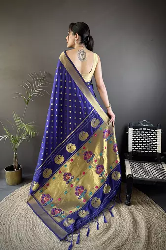 royal blue lichi silk blend peacock & floral motis zari weaving paithani saree
