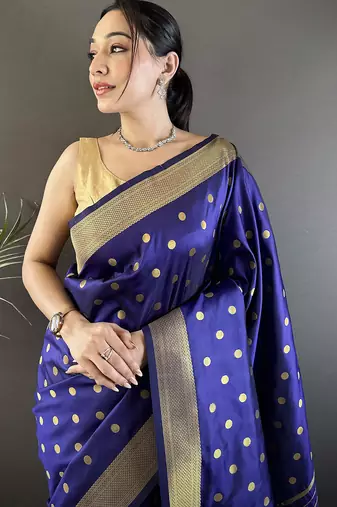 royal blue lichi silk blend peacock & floral motis zari weaving paithani saree
