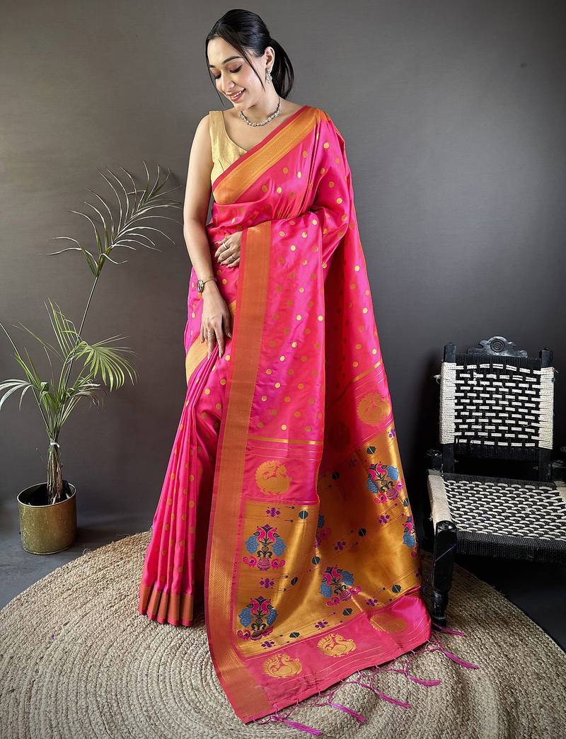 hot pink lichi silk blend peacock & floral motis zari weaving paithani saree