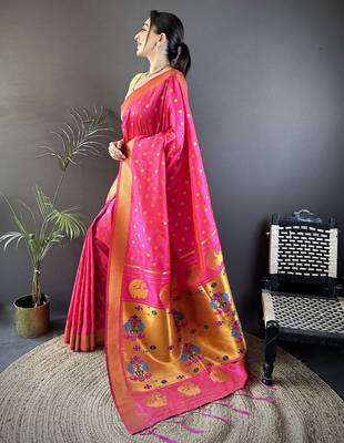 hot pink lichi silk blend peacock & floral motis zari weaving paithani saree 2