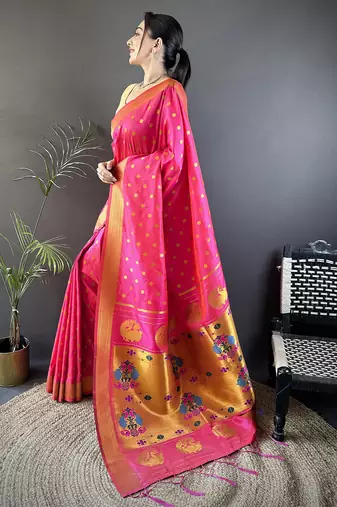 hot pink lichi silk blend peacock & floral motis zari weaving paithani saree