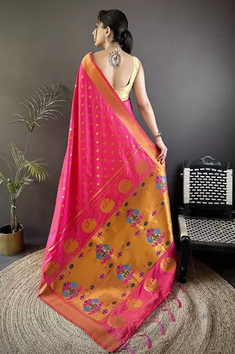 hot pink lichi silk blend peacock & floral motis zari weaving paithani saree