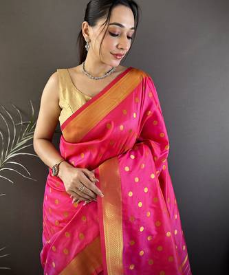 hot pink lichi silk blend peacock & floral motis zari weaving paithani saree 4