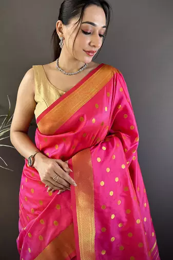 hot pink lichi silk blend peacock & floral motis zari weaving paithani saree
