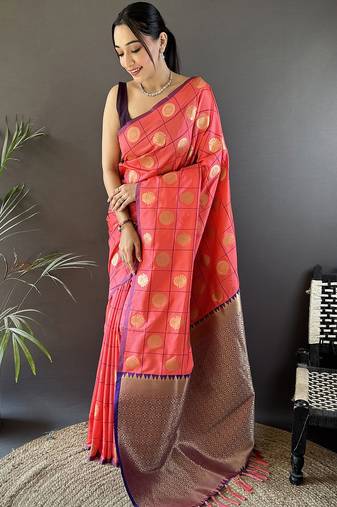 pink soft silk blend checked & circular motifs zari weaving banarasi saree