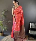 pink soft silk blend checked & circular motifs zari weaving banarasi saree