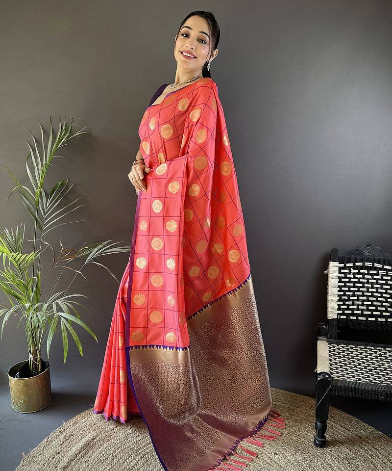 pink soft silk blend checked & circular motifs zari weaving banarasi saree