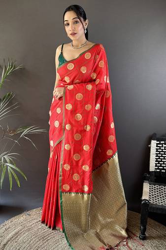red soft silk blend checked & circular motifs zari weaving banarasi saree