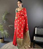 red soft silk blend checked & circular motifs zari weaving banarasi saree