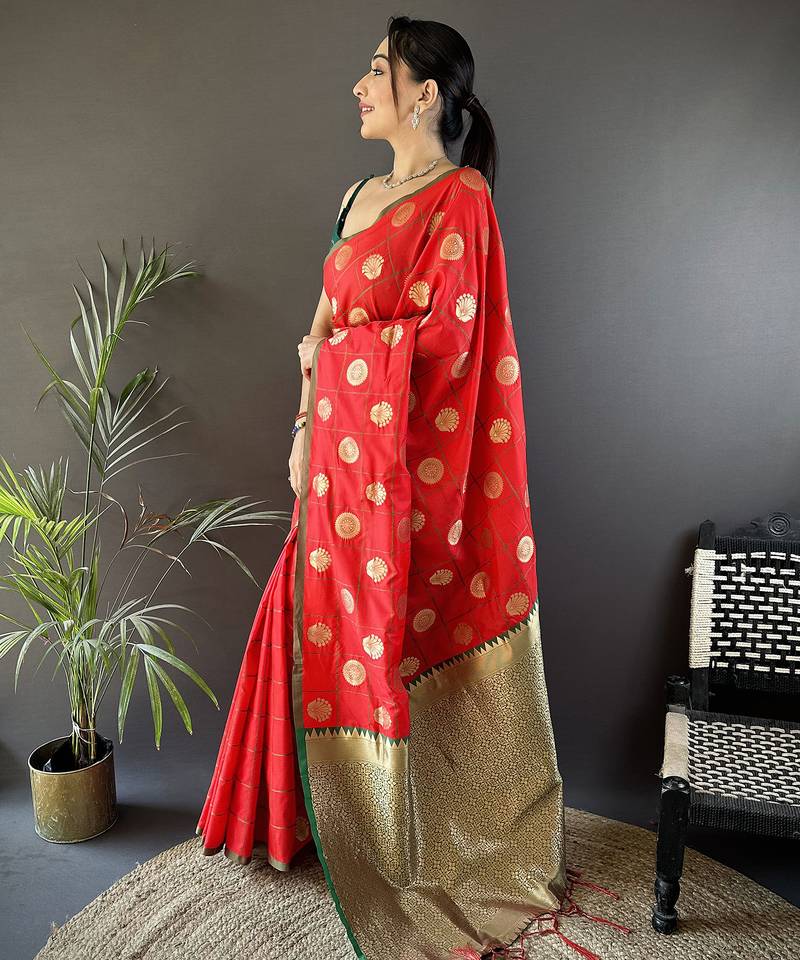 red soft silk blend checked & circular motifs zari weaving banarasi saree
