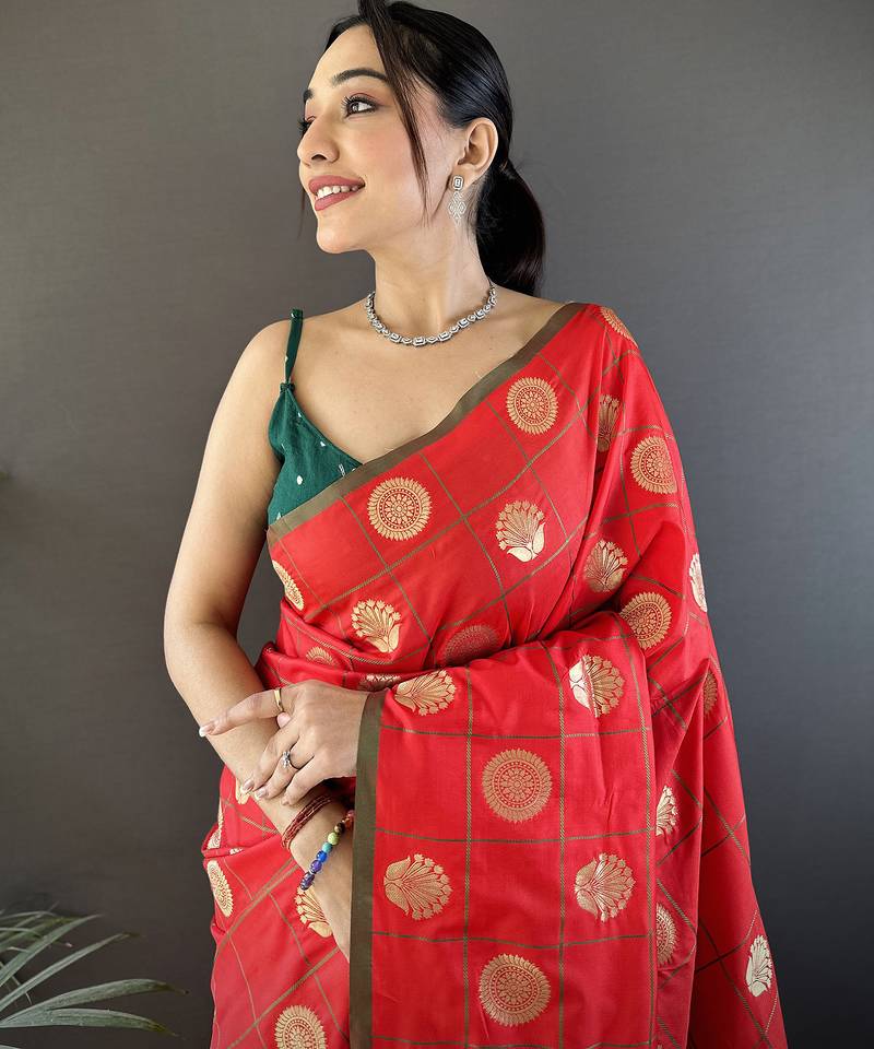red soft silk blend checked & circular motifs zari weaving banarasi saree