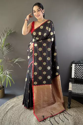 black soft silk blend checked & circular motifs zari weaving banarasi saree