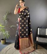 black soft silk blend checked & circular motifs zari weaving banarasi saree