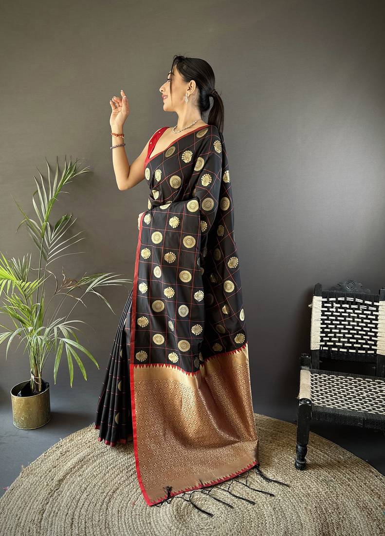 black soft silk blend checked & circular motifs zari weaving banarasi saree